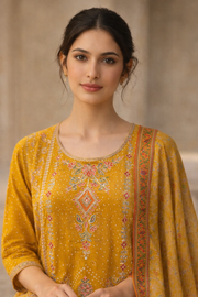 Festive Mustard Yellow Printed 3-Piece Ethnic Suit Set with Dupatta